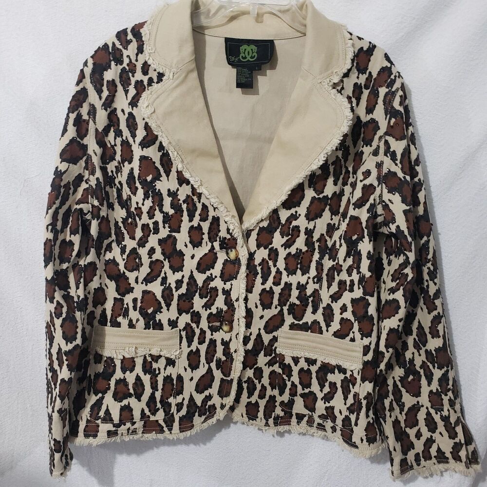 Sharif Beige Brown Animal Print Jacket w/ Shiny Black Embellishments, Sequins L